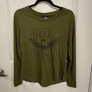 Olive green bedazzled harley davidson long sleeve with thumb holes